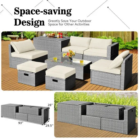 8 Pieces Patio Rattan Furniture Set with Storage Waterproof Cover and Cushion-Off White