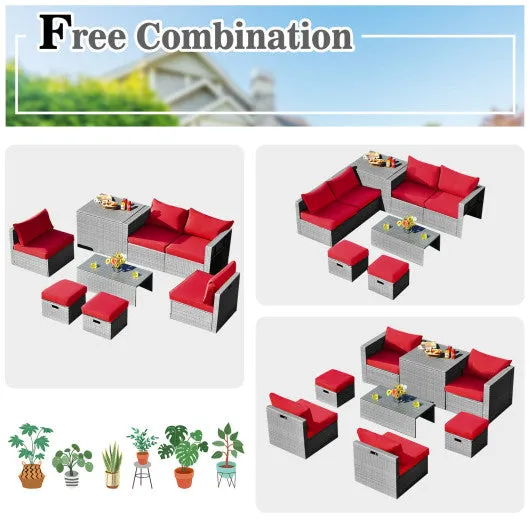 8 Pieces Patio Rattan Furniture Set with Storage Waterproof Cover and Cushion-Red