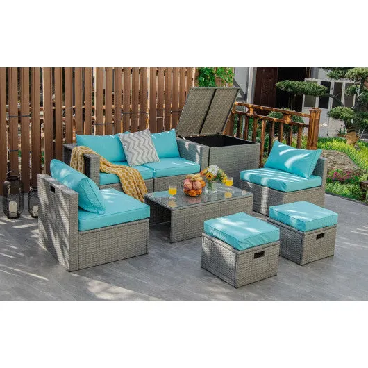 8 Pieces Patio Rattan Furniture Set with Storage Waterproof Cover and Cushion-Turquoise