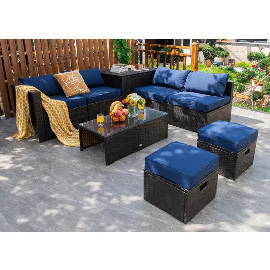 8 Pieces Patio Space-Saving Rattan Furniture Set with Storage Box and Waterproof Cover-Navy