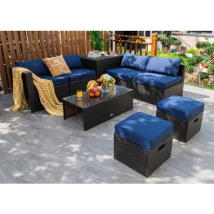 8 Pieces Patio Space-Saving Rattan Furniture Set with Storage Box and Waterproof Cover-Navy