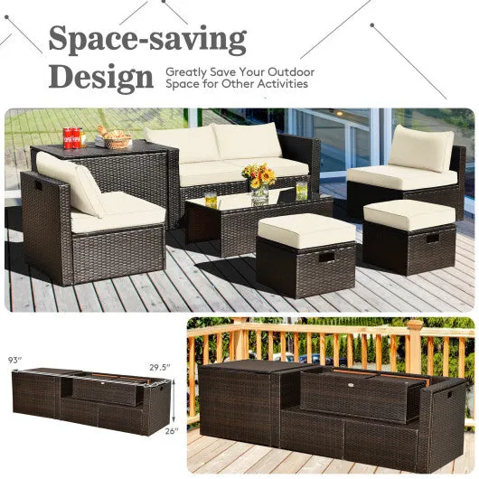 8 Pieces Patio Space-Saving Rattan Furniture Set with Storage Box and Waterproof Cover-White