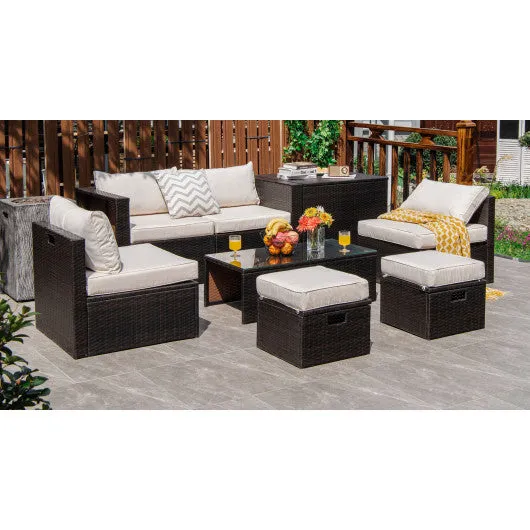 8 Pieces Patio Space-Saving Rattan Furniture Set with Storage Box and Waterproof Cover-White