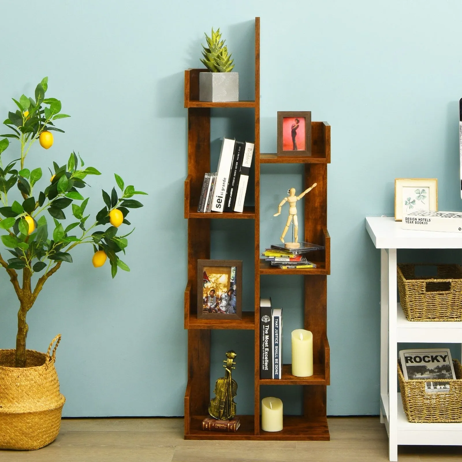 8-Shelf Industrial Tree-Shaped Bookshelf with Anti-Toppling Fitting