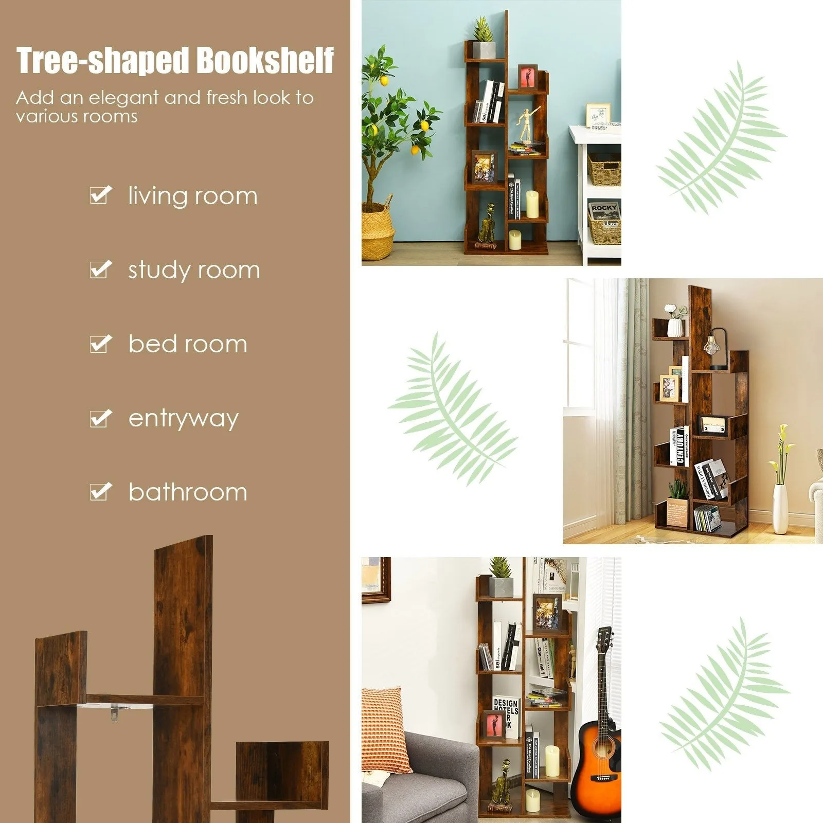 8-Shelf Industrial Tree-Shaped Bookshelf with Anti-Toppling Fitting