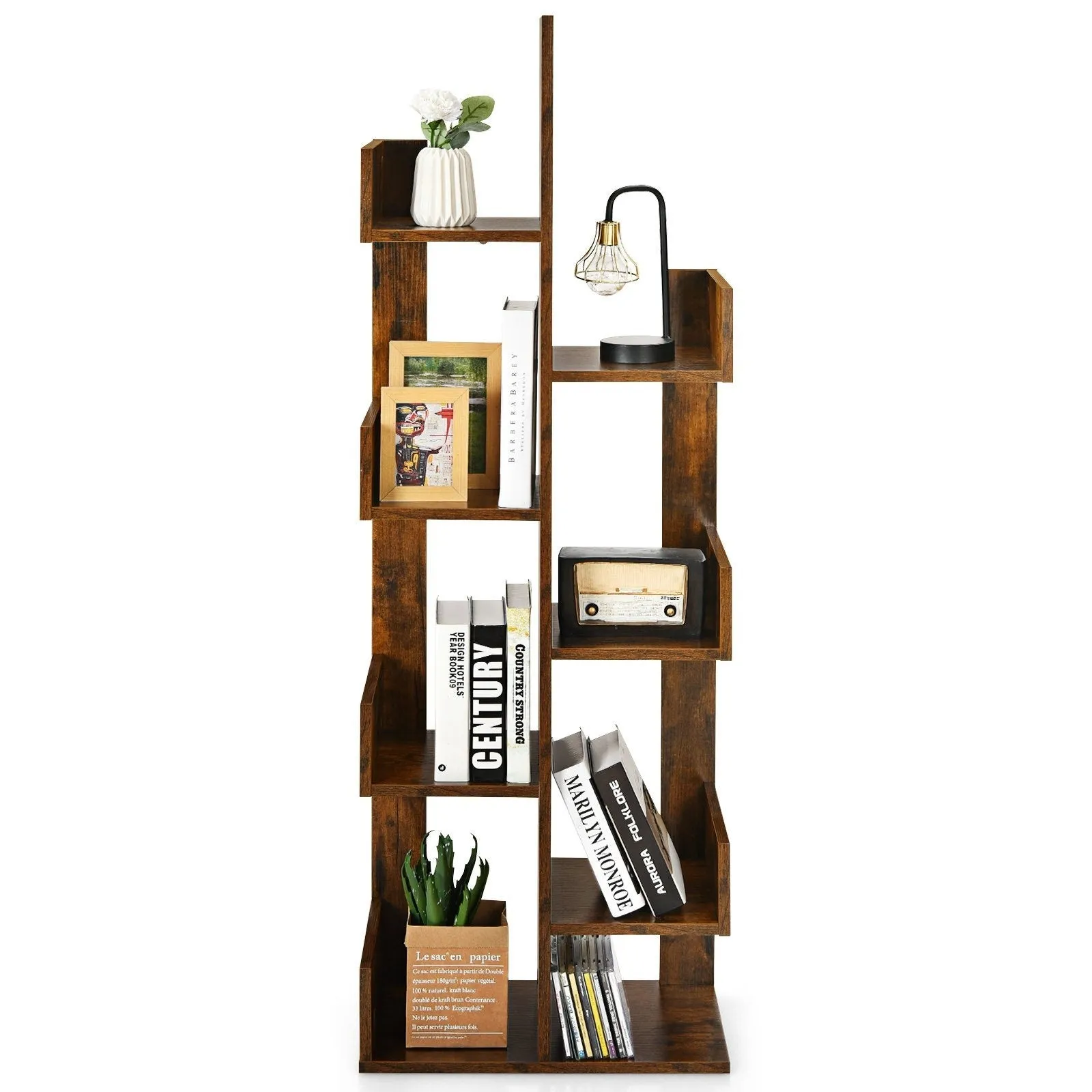 8-Shelf Industrial Tree-Shaped Bookshelf with Anti-Toppling Fitting