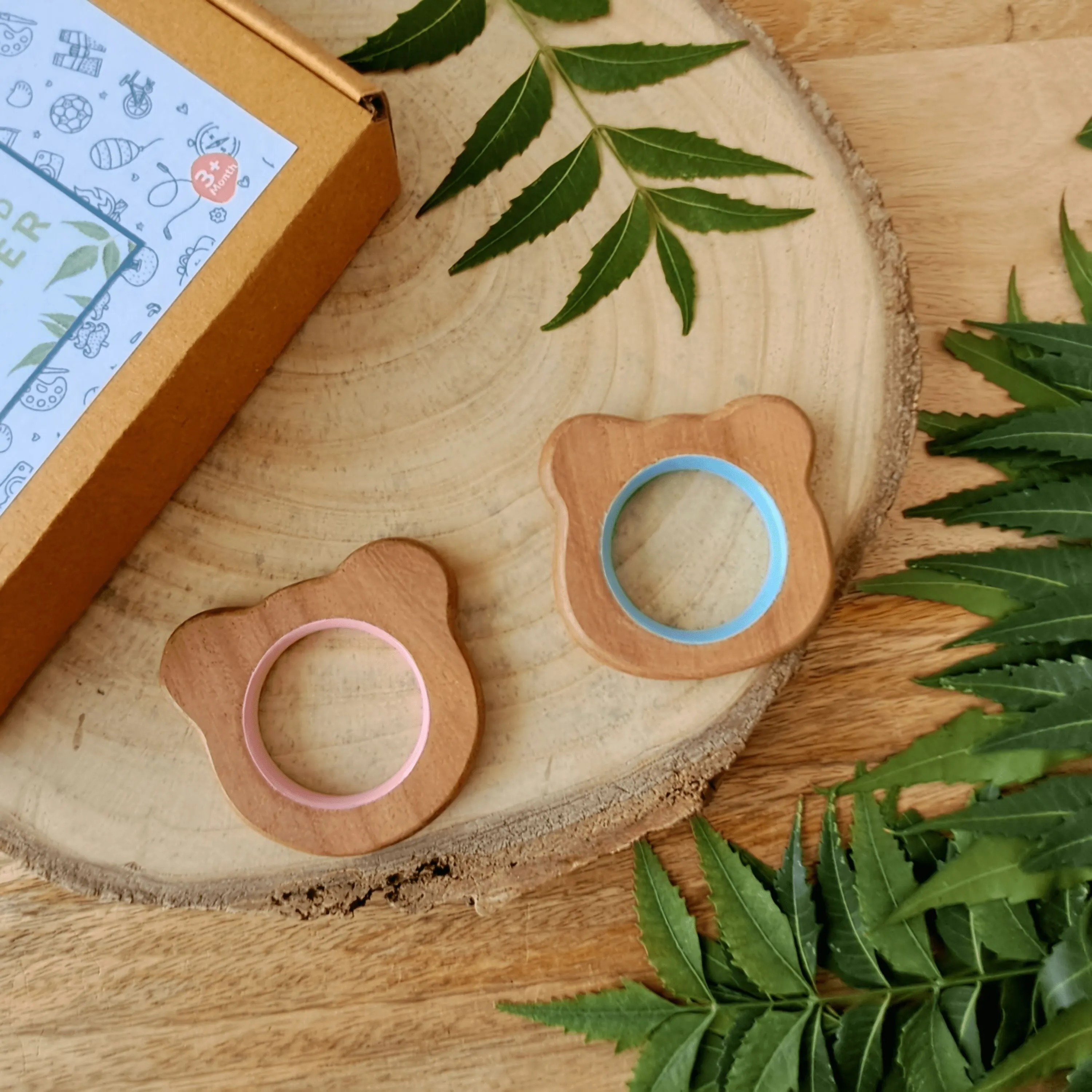 BABYCOV Cute Bear and Panda Natural Neem Wood Teethers for Babies | Natural and Safe | Goodness of Organic Neem Wood | Both Chewing and Grasping Toy | Set of 2 (Age 4  Months)