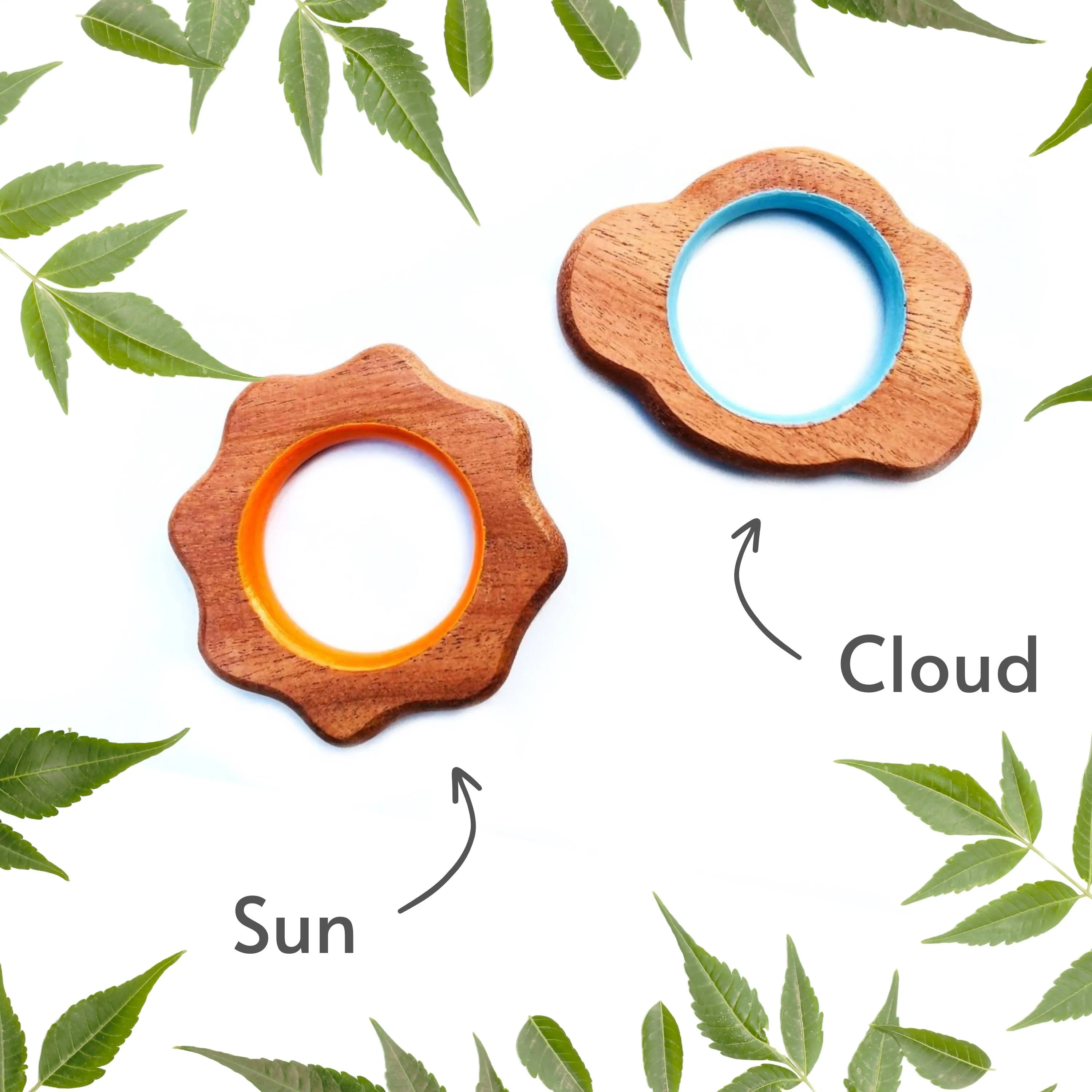 Babycov Cute Cloud and Sun Natural Neem Wood Teethers for Babies | Natural and Safe | Goodness of Organic Neem Wood | Both Chewing and Grasping Toy | Set of 2 (Age 4  Months)