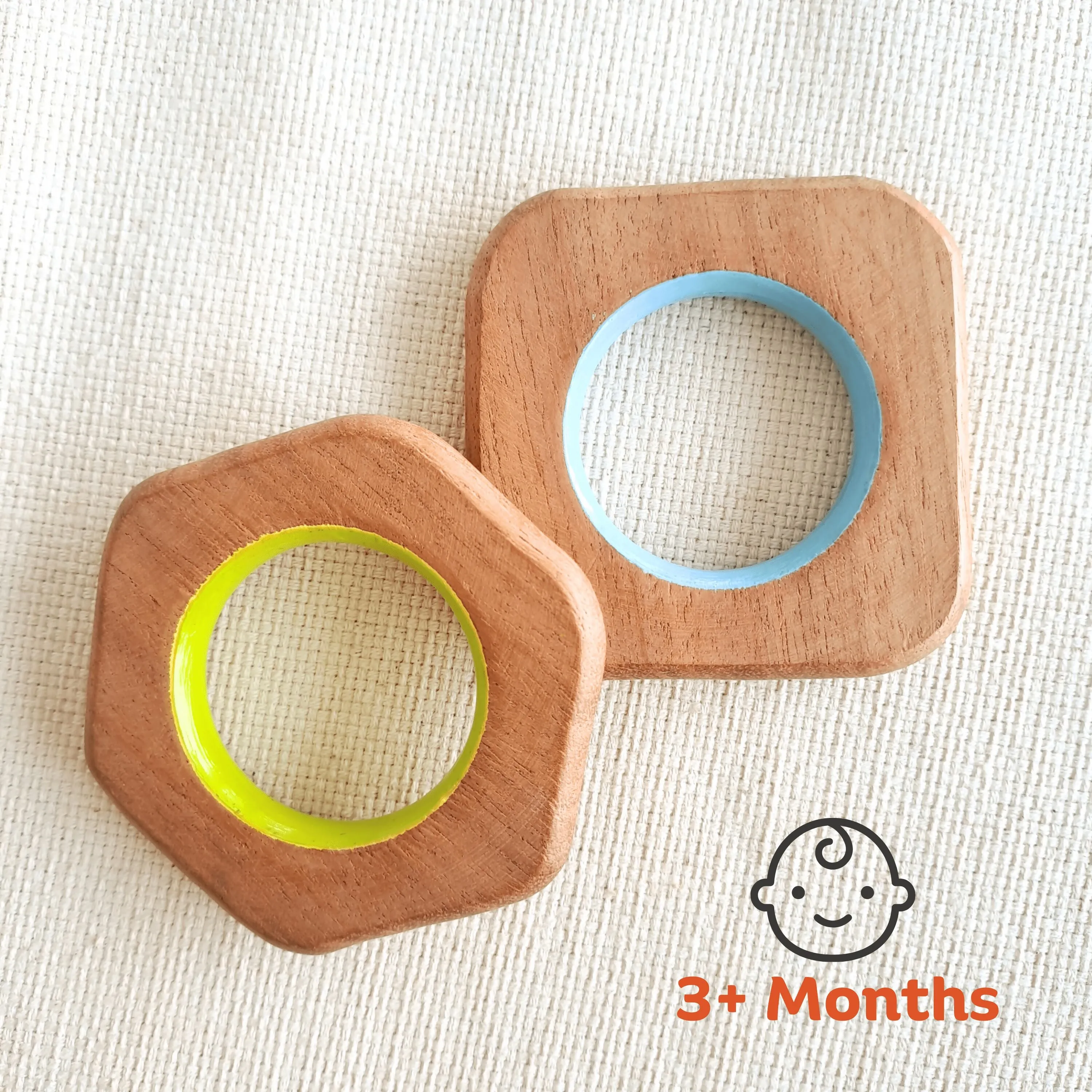 BABYCOV Cute Square and Hexagon Natural Neem Wood Teethers for Babies | Natural and Safe | Goodness of Organic Neem Wood | Both Chewing and Grasping Toy | Set of 2 (Age 4  Months)