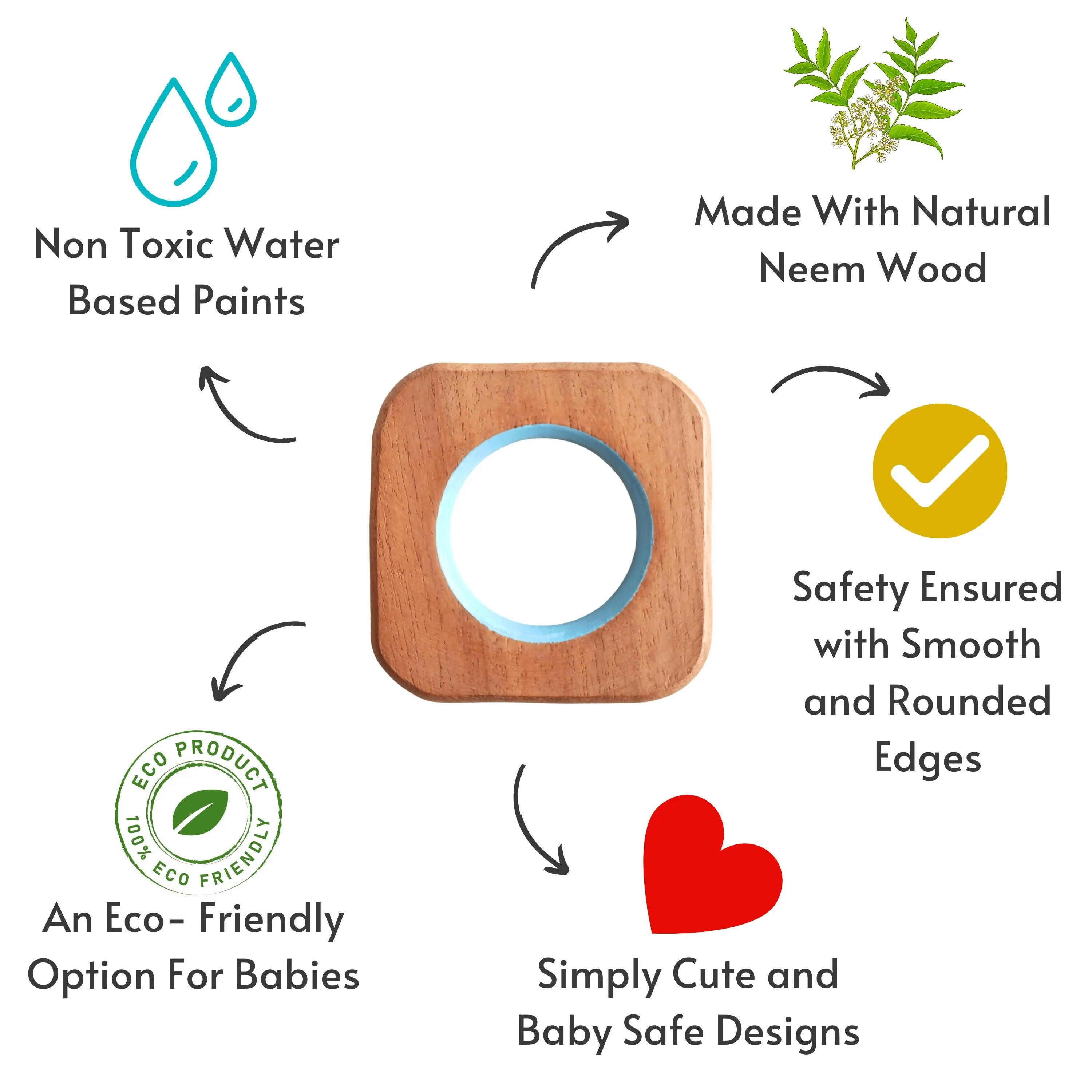 BABYCOV Cute Square and Hexagon Natural Neem Wood Teethers for Babies | Natural and Safe | Goodness of Organic Neem Wood | Both Chewing and Grasping Toy | Set of 2 (Age 4  Months)