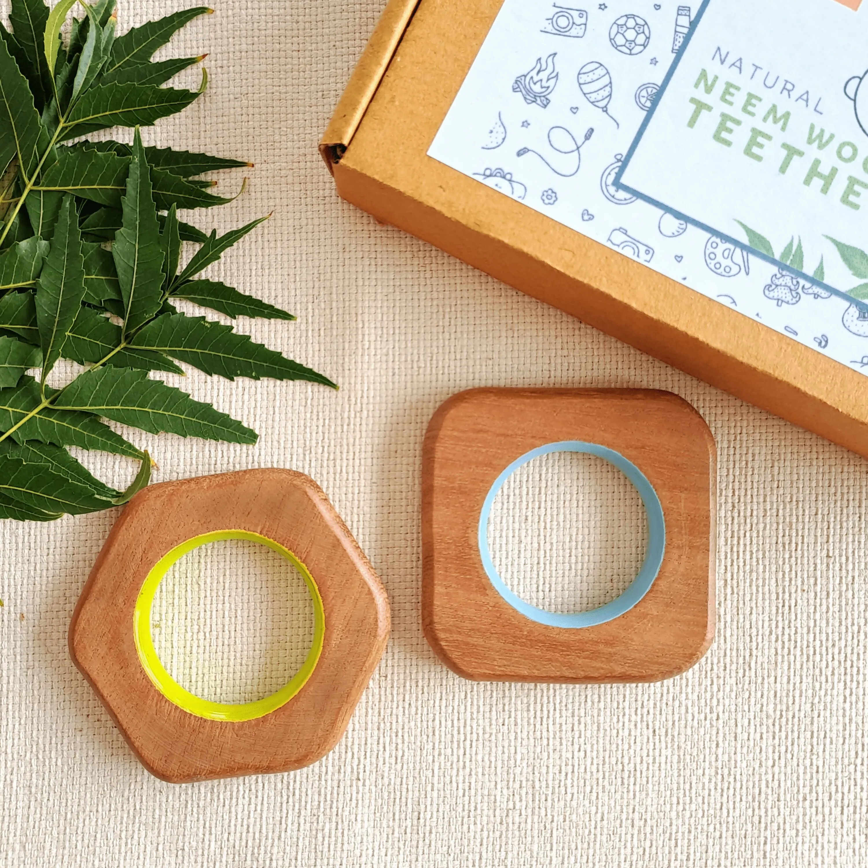 BABYCOV Cute Square and Hexagon Natural Neem Wood Teethers for Babies | Natural and Safe | Goodness of Organic Neem Wood | Both Chewing and Grasping Toy | Set of 2 (Age 4  Months)