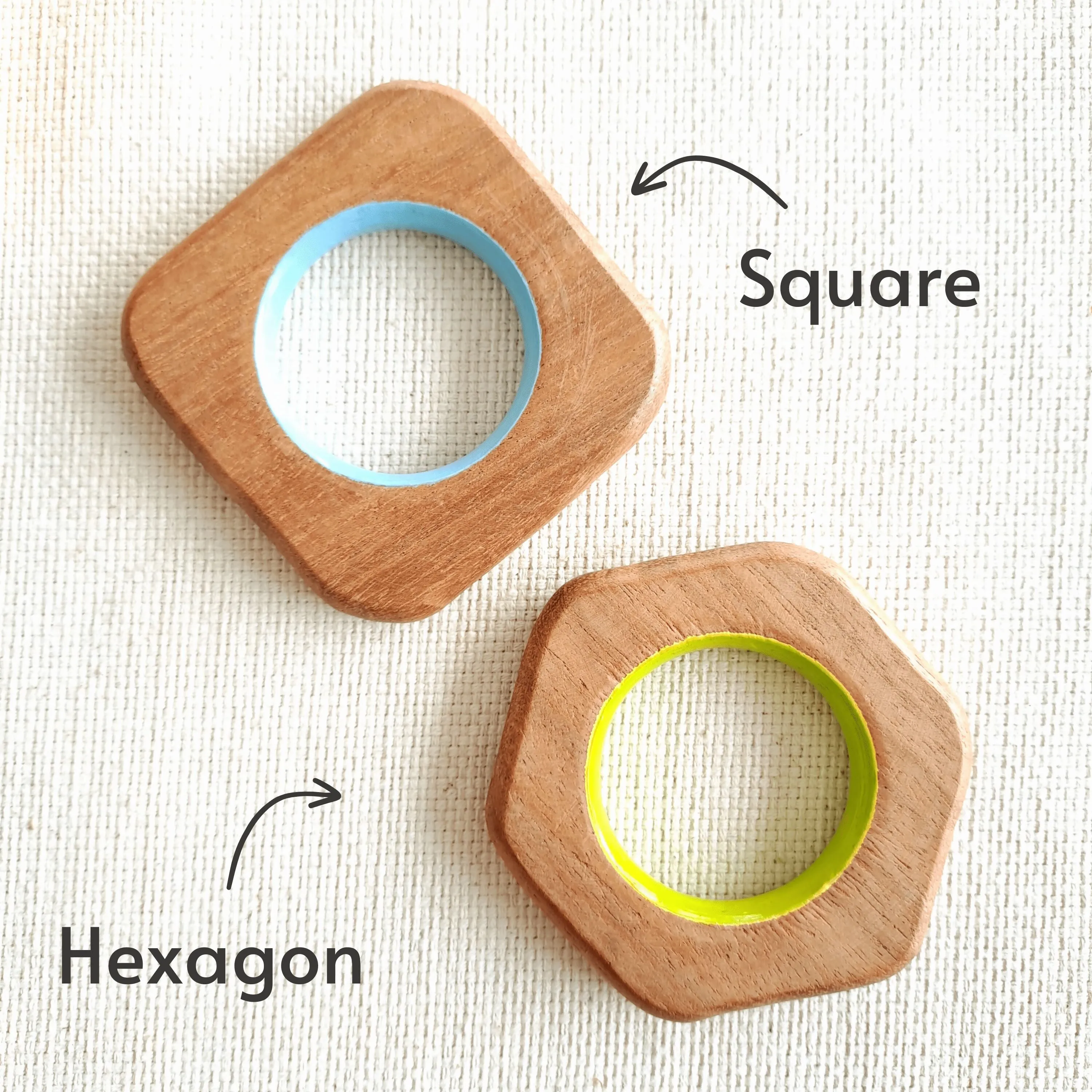 BABYCOV Cute Square and Hexagon Natural Neem Wood Teethers for Babies | Natural and Safe | Goodness of Organic Neem Wood | Both Chewing and Grasping Toy | Set of 2 (Age 4  Months)