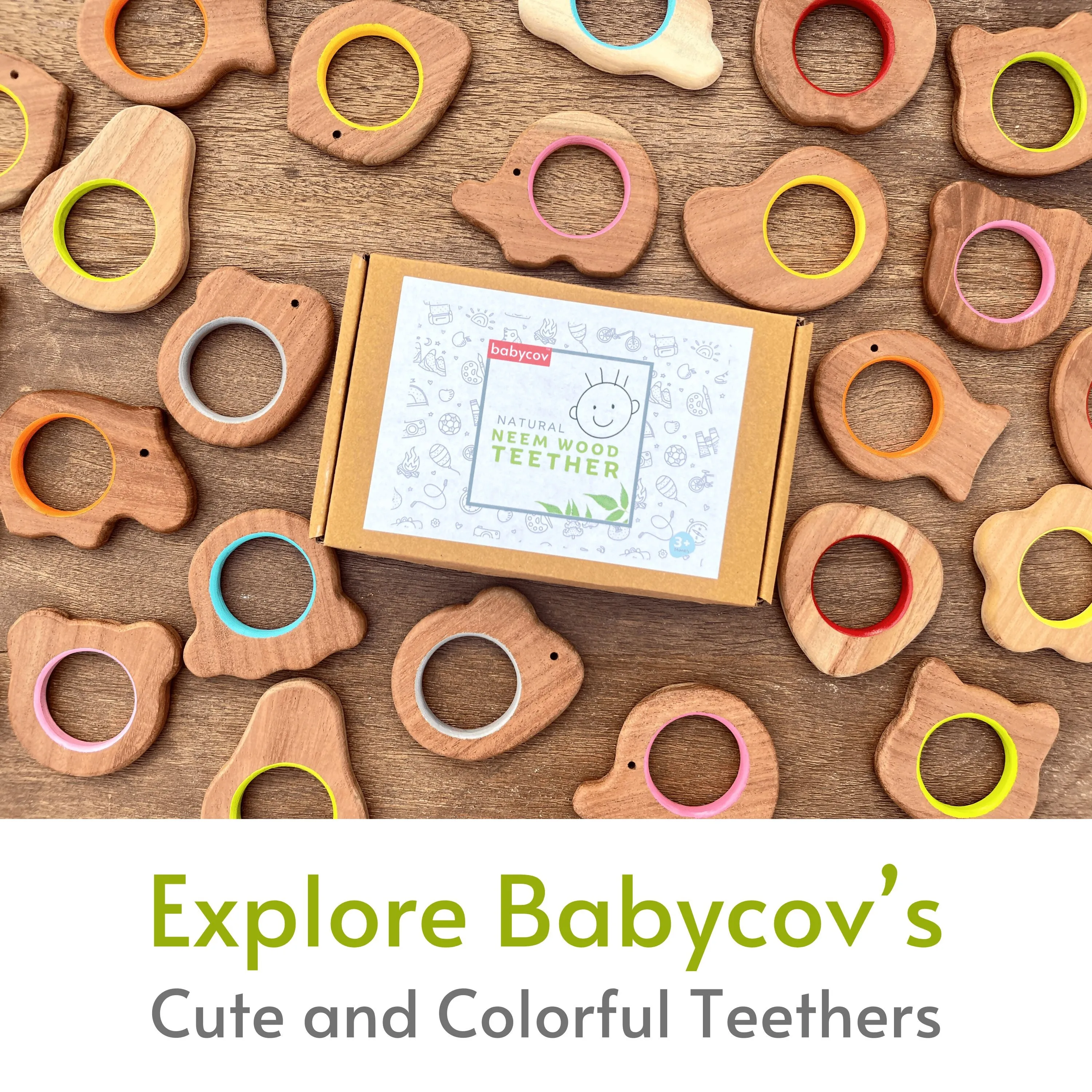 BABYCOV Cute Square and Hexagon Natural Neem Wood Teethers for Babies | Natural and Safe | Goodness of Organic Neem Wood | Both Chewing and Grasping Toy | Set of 2 (Age 4  Months)