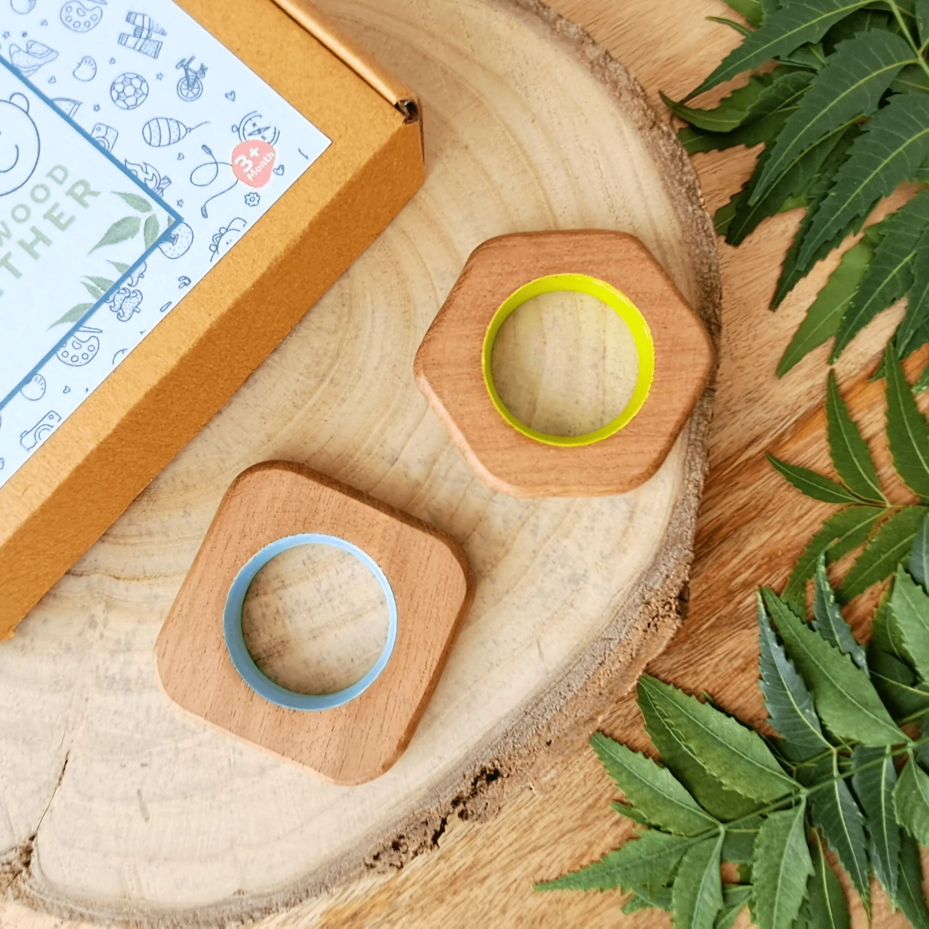 BABYCOV Cute Square and Hexagon Natural Neem Wood Teethers for Babies | Natural and Safe | Goodness of Organic Neem Wood | Both Chewing and Grasping Toy | Set of 2 (Age 4  Months)