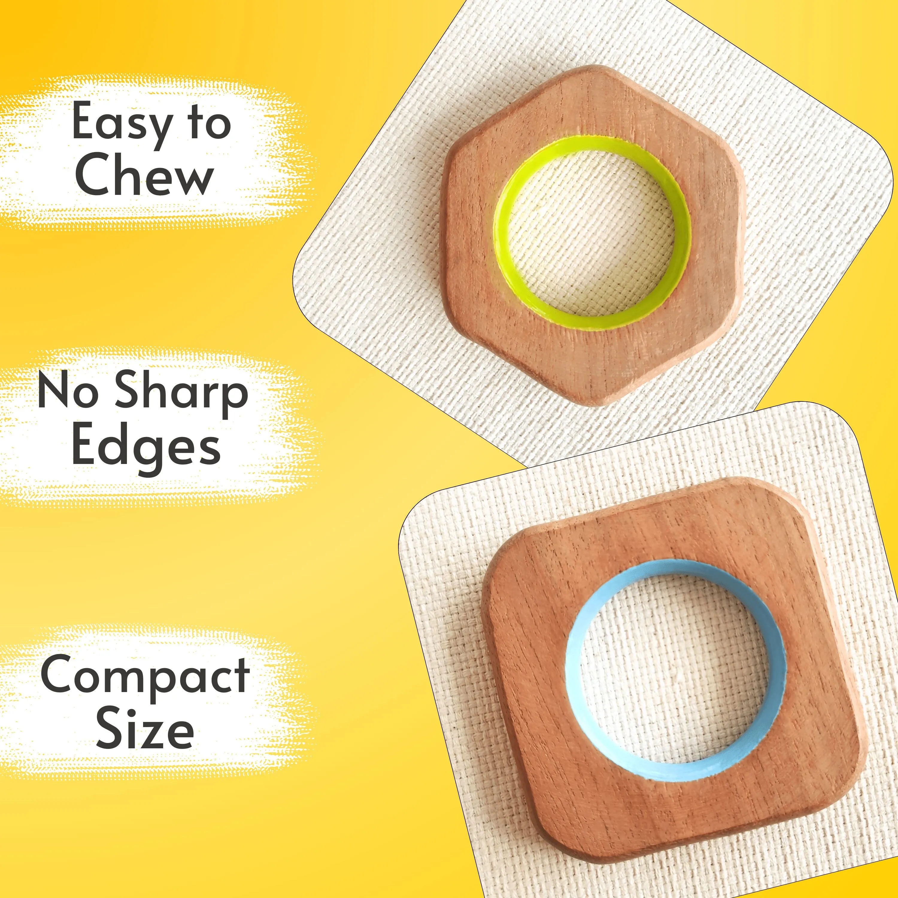 BABYCOV Cute Square and Hexagon Natural Neem Wood Teethers for Babies | Natural and Safe | Goodness of Organic Neem Wood | Both Chewing and Grasping Toy | Set of 2 (Age 4  Months)