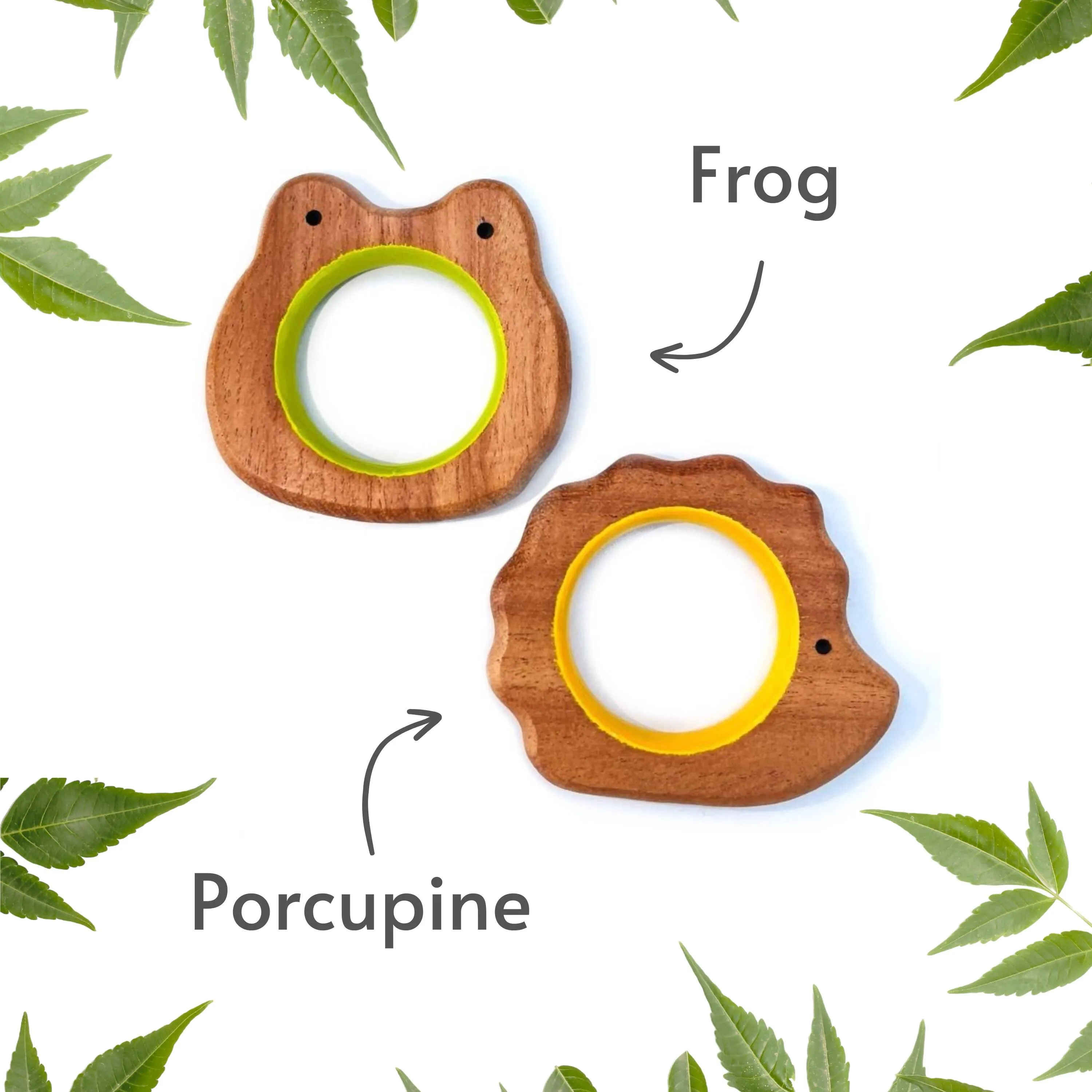 Babycov CuteFrog and Porcupine Natural Neem Wood Teethers for Babies | Natural and Safe | Goodness of Organic Neem Wood | Both Chewing and Grasping Toy | Set of 2 (Age 4  Months)