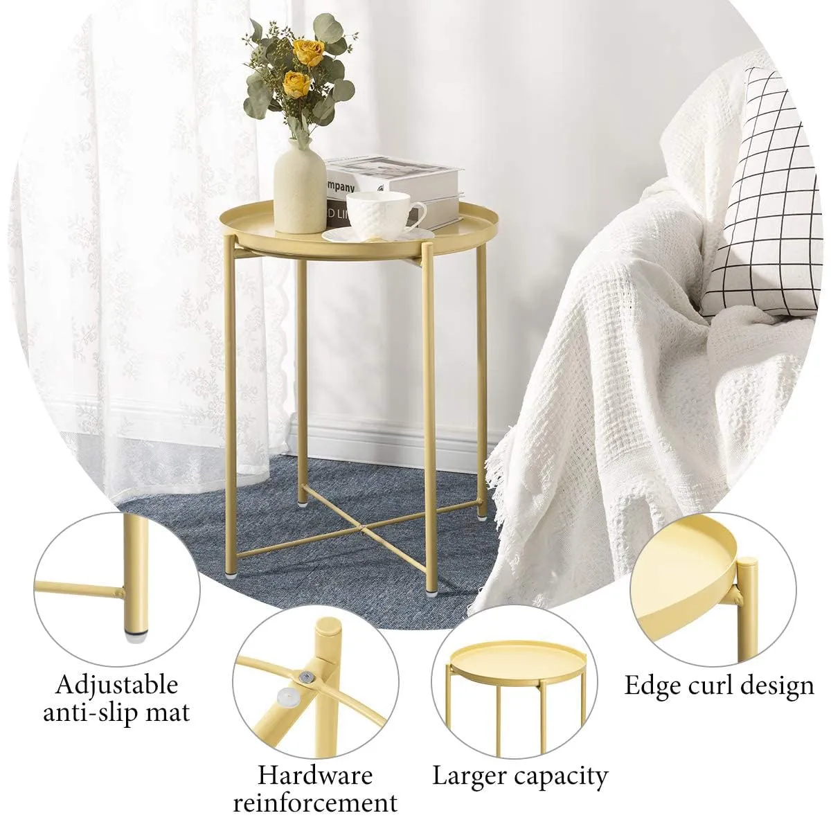 CERBIOR Tray End Table, Round Metal Tray Table Side Sofa Table Anti-Rust and Waterproof Outdoor & Indoor Snack Table Accent Coffee Table Pale Yellow