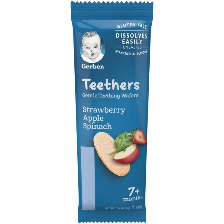 Gerber Gentle teething wafers for babies, Strawberry, Apple & Spinach - 48gms, 7 months