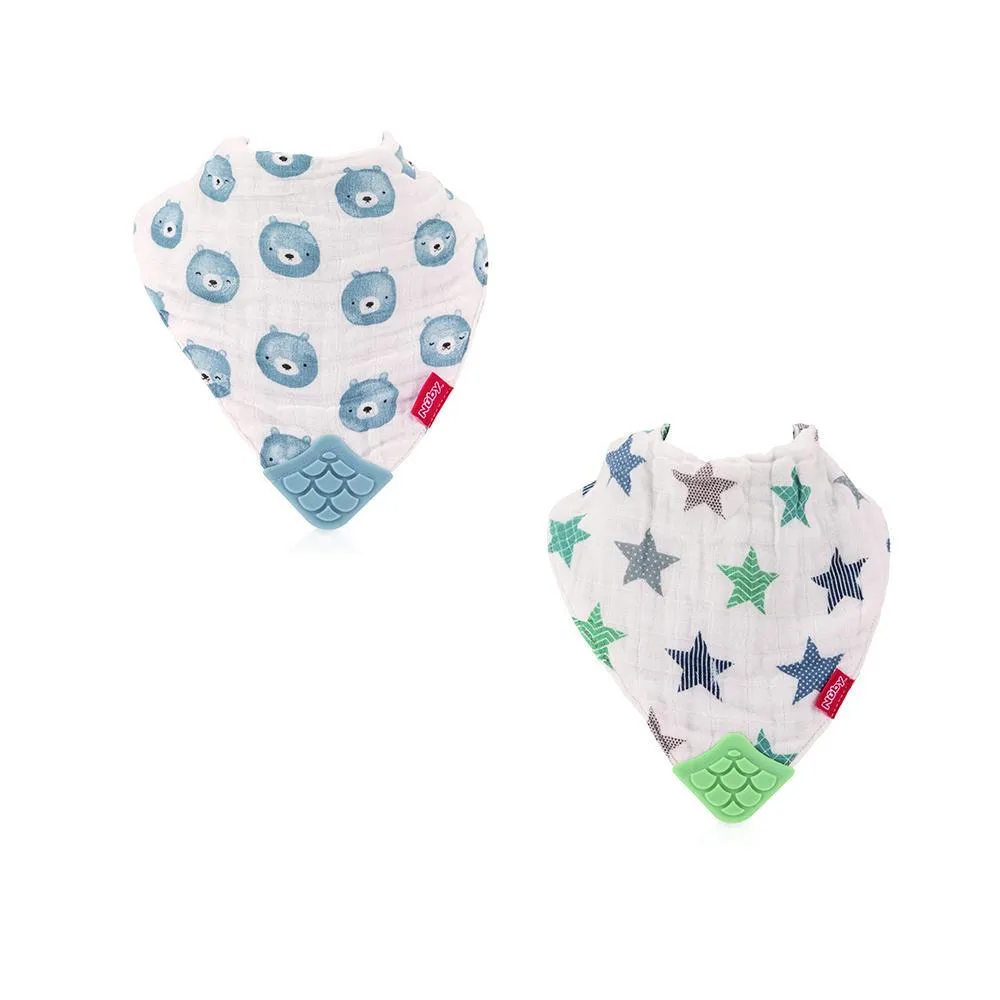 Nuby Muslin Bandana Bibs W/Teether - Business Wear Star & Bi-Polar Bears