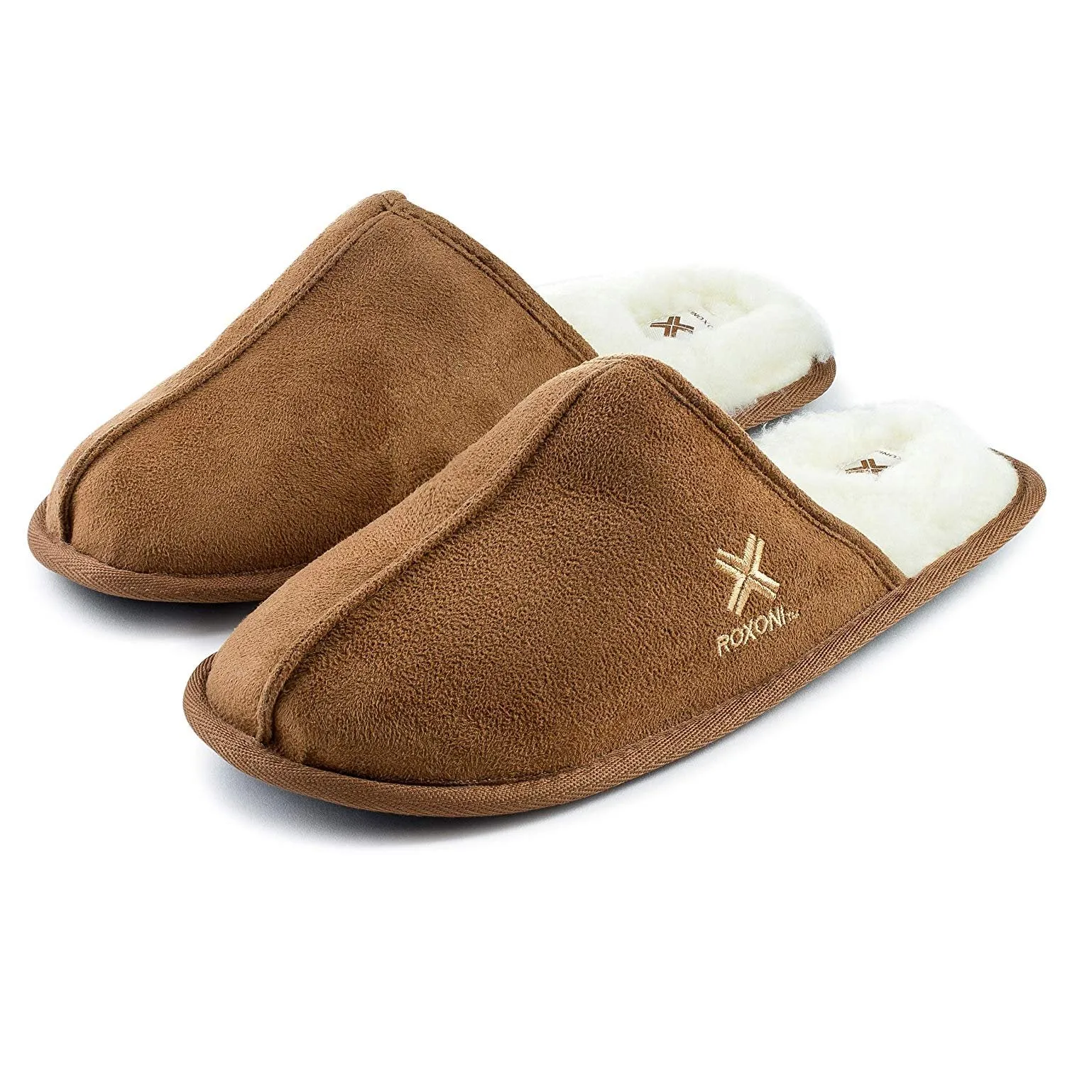 Roxoni Mens Suede Faux Sheepskin Lined House Slippers