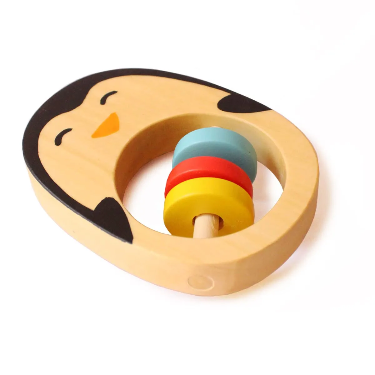 shumee Handmade Wooden Penguin Rattle, Animal Shaped Wooden Baby Rattle and Teething Toy, Natural Wood and Beeswax Sealer - Ages 6Mo , Multicolor