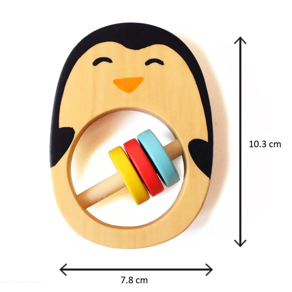 shumee Handmade Wooden Penguin Rattle, Animal Shaped Wooden Baby Rattle and Teething Toy, Natural Wood and Beeswax Sealer - Ages 6Mo , Multicolor