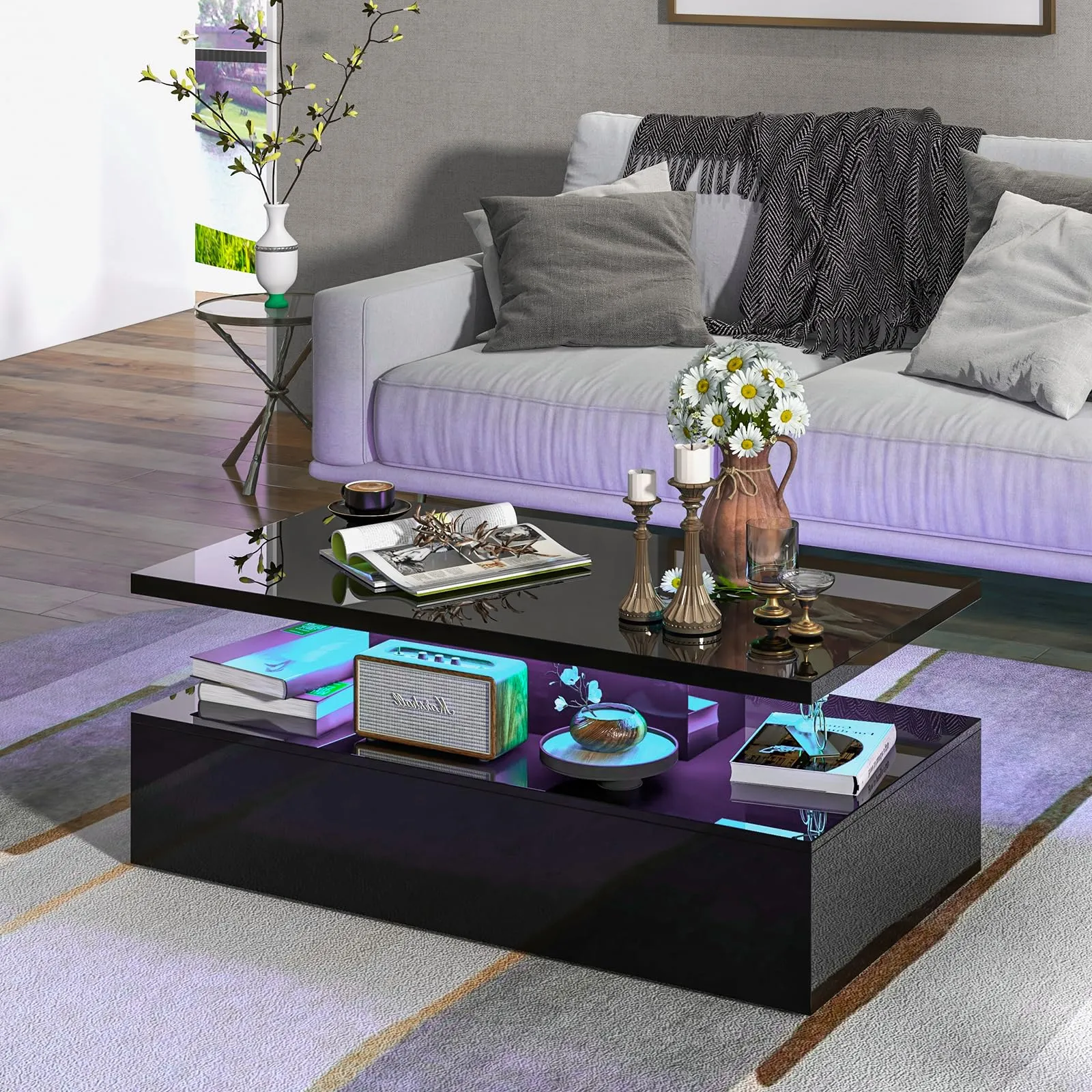 Tangkula LED Coffee Table, Modern High Gloss Coffee Table