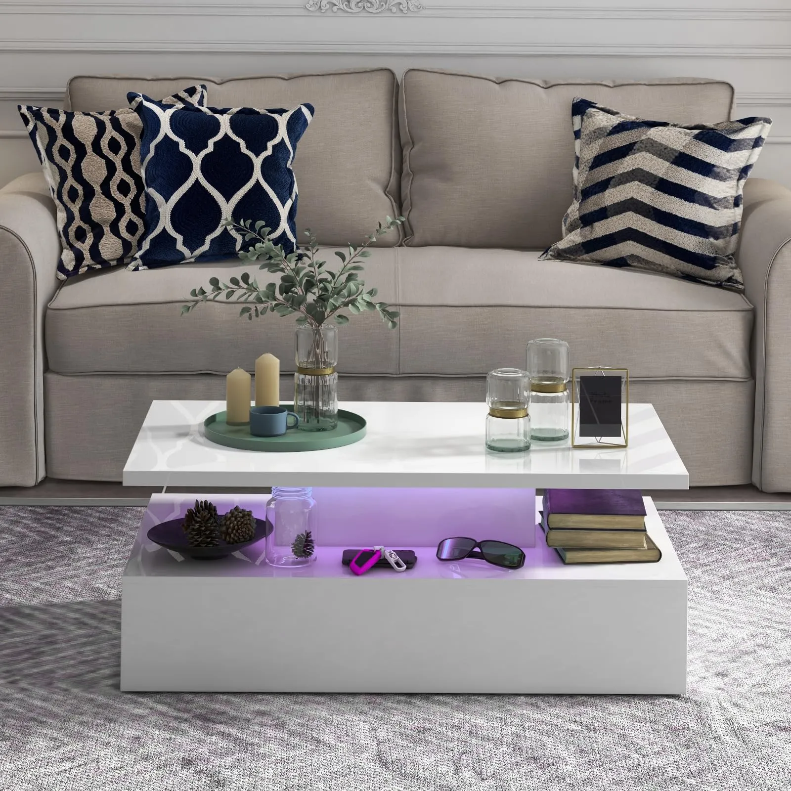 Tangkula LED Coffee Table, Modern High Gloss Coffee Table