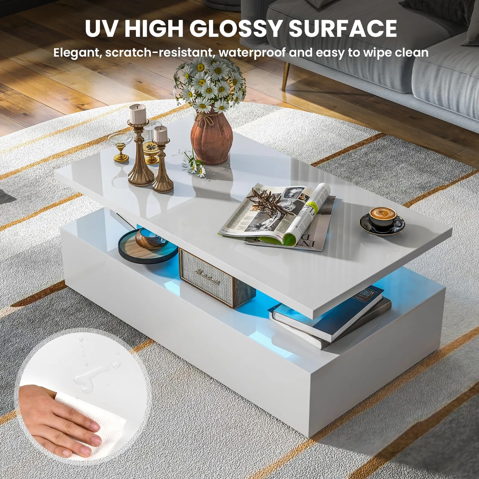 Tangkula LED Coffee Table, Modern High Gloss Coffee Table