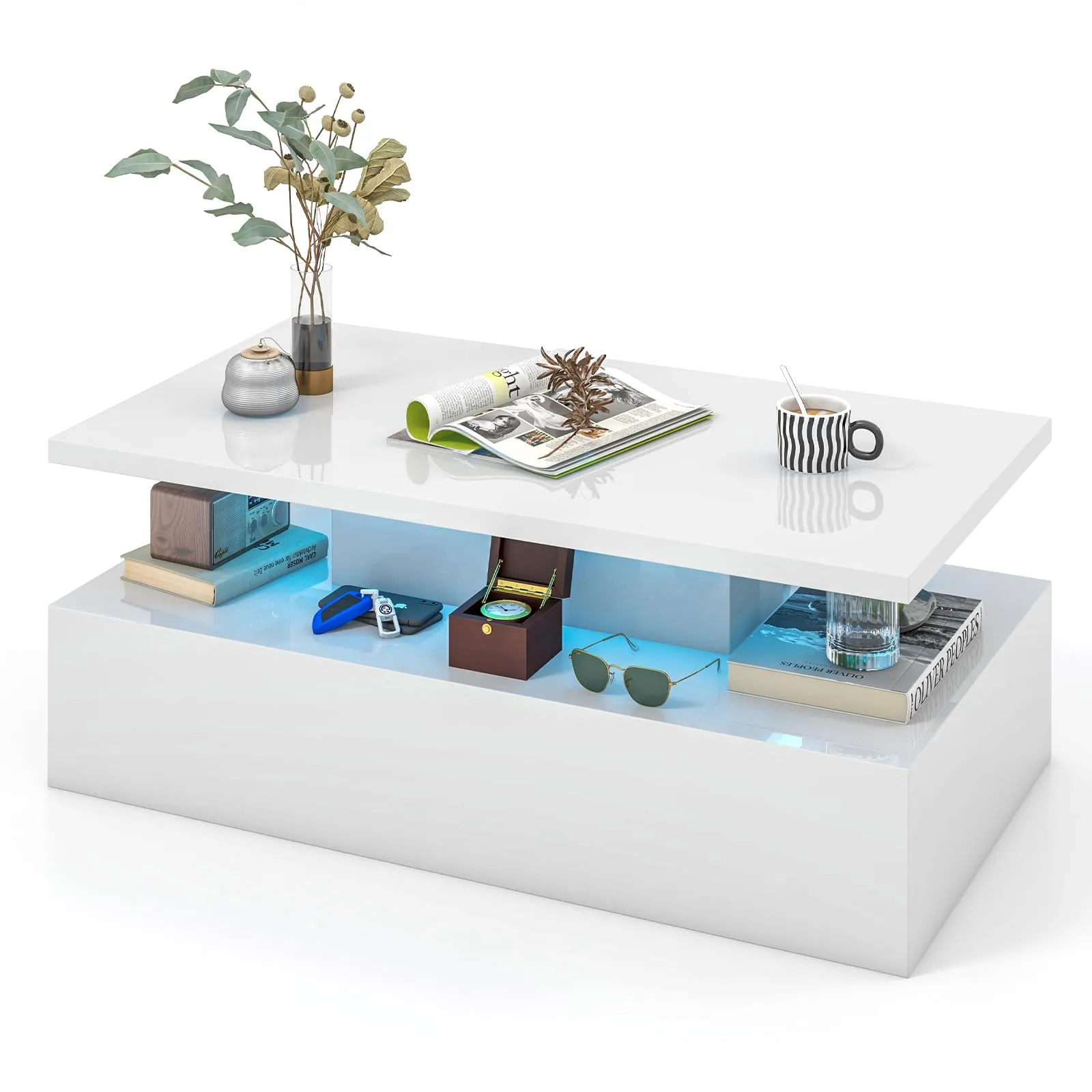 Tangkula LED Coffee Table, Modern High Gloss Coffee Table